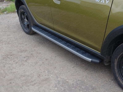 Пороги алюминиевые ТСС с накладкой серые для Renault Sandero Stepway 2014-2018